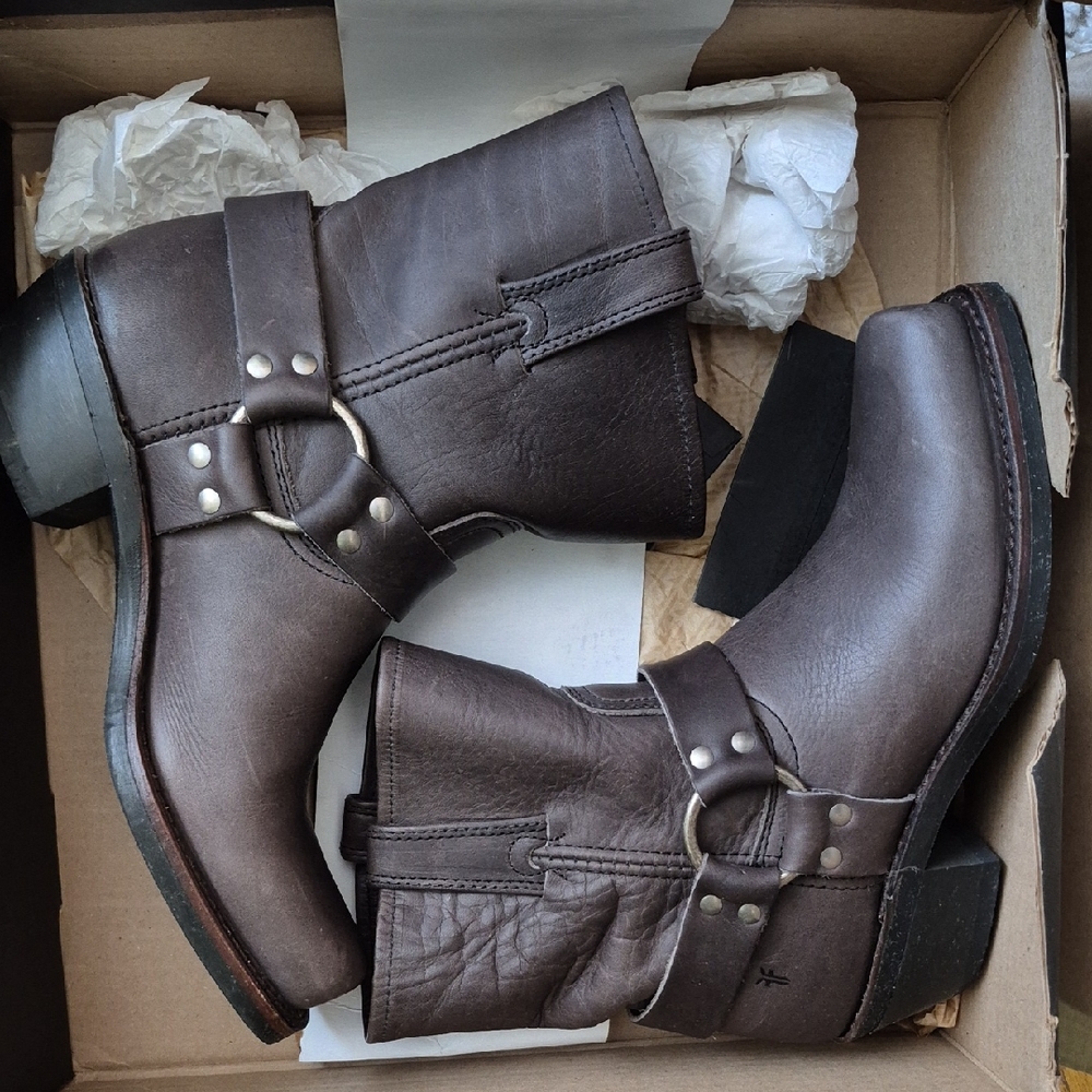 Frye Brown Leather Harness Combat Boots - Picture 1 of 10